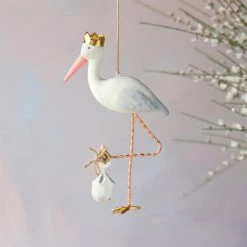 Glitterville Studios Pink Royal Stork Ornament 7" Christmas