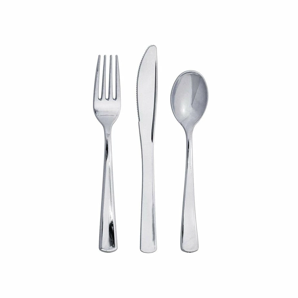 Metallic Silver Plastic Cutlery Set 24ct 3 Metallic Silver Plastic Cutlery Set 24ct